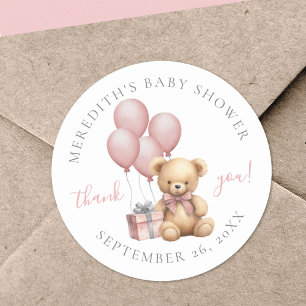 Roze teddybeer babyshower klassieke ronde sticker