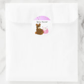 Roze teddybeer babyshower ronde sticker (Tas)