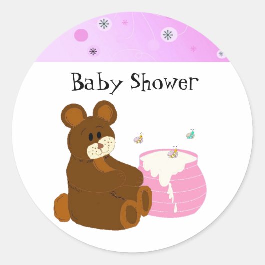 Roze teddybeer babyshower ronde sticker (Voorkant)