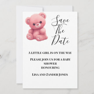 Roze Teddybeer Babyshower Save The Date Kaart