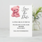 Roze Teddybeer Babyshower Save The Date Kaart (Staand voorkant)