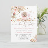 Roze teddybeer babyshower uitnodiging (Staand voorkant)