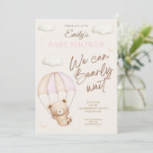 Roze teddybeer babyshower uitnodiging (Staand voorkant)