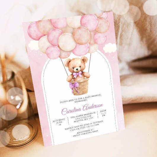 Roze Teddybeer Babyshower Uitnodiging