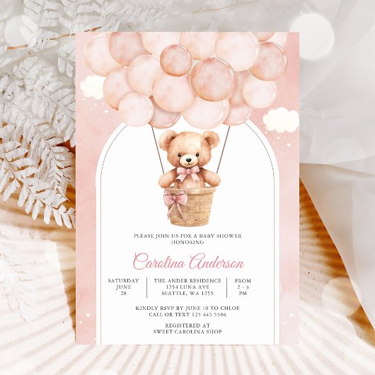 Roze Teddybeer Babyshower Uitnodiging