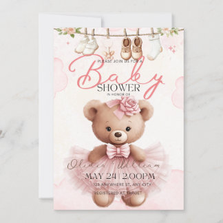 Roze Teddybeer Babyshower Uitnodiging
