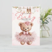 Roze Teddybeer Babyshower Uitnodiging (Staand voorkant)