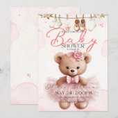 Roze Teddybeer Babyshower Uitnodiging (Voorkant / Achterkant)