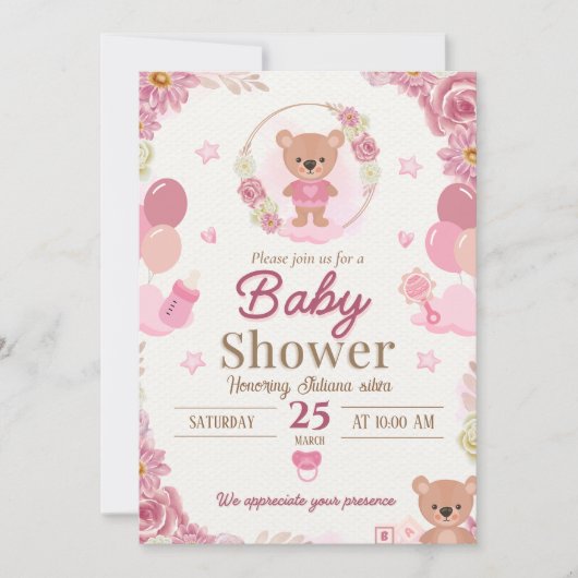 Roze Teddybeer Babyshower Uitnodiging (Voorkant)