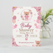 Roze Teddybeer Babyshower Uitnodiging (Staand voorkant)