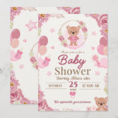 Roze Teddybeer Babyshower Uitnodiging (Voorkant / Achterkant)