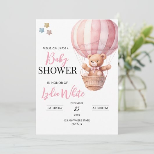 Roze teddybeer babyshower uitnodiging template (Staand voorkant)