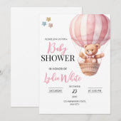 Roze teddybeer babyshower uitnodiging template (Voorkant / Achterkant)