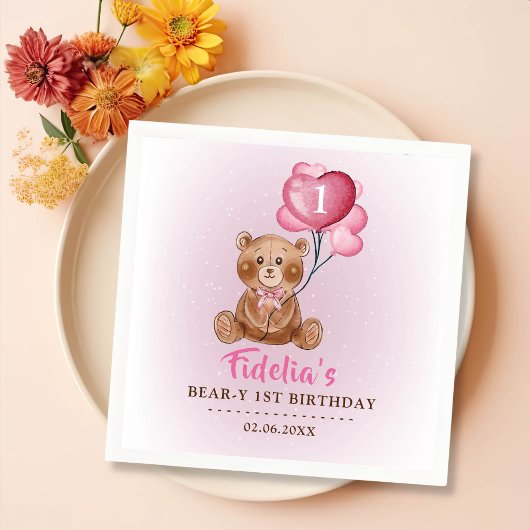 Roze Teddybeer ballon 1e verjaardag Servet
