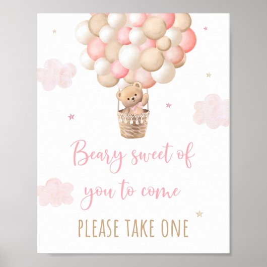 Roze Teddybeer ballon Baby shower voorkeursteken Poster (Voorkant)