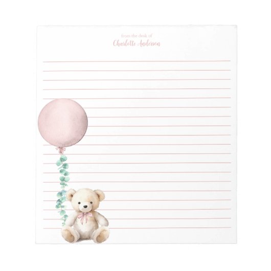 Roze teddybeer ballon gepersonaliseerd Notitieblok (Voorkant)