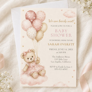 Roze teddybeer ballon meisje babyshower kaart