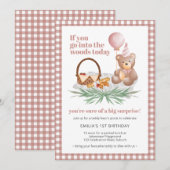 Roze Teddybeer ballon picknick: 1e verjaardag Kaart (Voorkant / Achterkant)