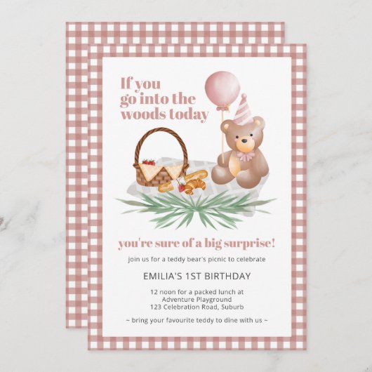 Roze Teddybeer ballon picknick: 1e verjaardag Kaart (Voorkant / Achterkant)