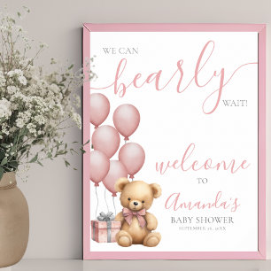 Roze teddybeer ballonnen babyshower welkom poster
