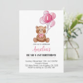 Roze Teddybeer ballonnen Eerste Verjaardag uitnodi Kaart (Staand voorkant)