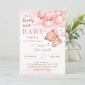 Roze teddybeer ballonnen meisje Baby shower Kaart (Staand voorkant)