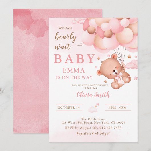 Roze teddybeer ballonnen meisje Baby shower Kaart (Voorkant / Achterkant)