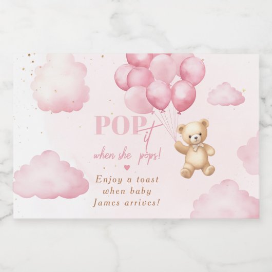 Roze teddybeer ballonnen Poppen het als ze poppen Sparkling Wijnetiket (Enkel label)