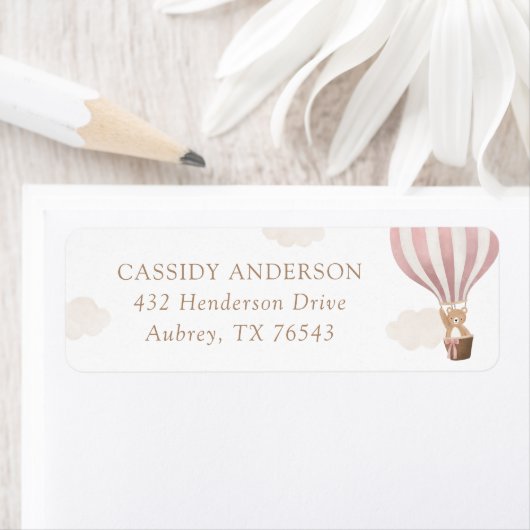 Roze Teddybeer Balloon Baby shower retouradres Etiket (Insitu)