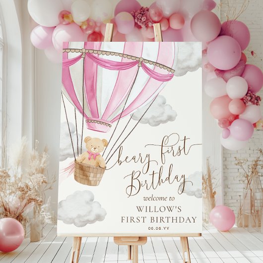 Roze teddybeer Beary eerste verjaardag welkomstbor Poster