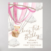 Roze teddybeer Beary eerste verjaardag welkomstbor Poster (Voorkant)