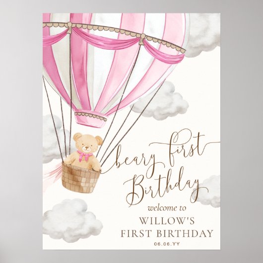 Roze teddybeer Beary eerste verjaardag welkomstbor Poster (Voorkant)