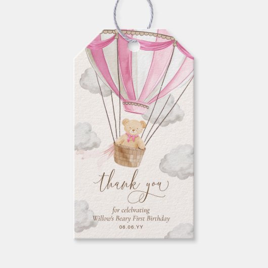 Roze teddybeer bedankt Beary eerste verjaardag Cadeaulabel (Voorkant)