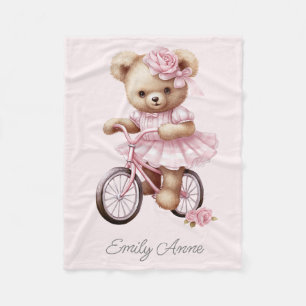 Roze teddybeer bloemen fiets naam kind fleece deken