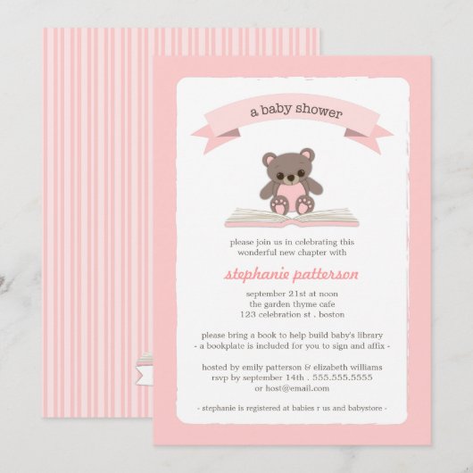 Roze Teddybeer brengt een Boek-Baby shower Uitnodi Kaart (Voorkant / Achterkant)