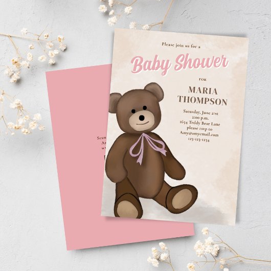 Roze  teddybeer Custom Baby shower Kaart