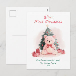 Roze teddybeer eerste kerst ansichtkaart feestdagenkaart