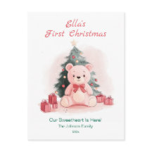 Roze teddybeer eerste kerst ansichtkaart