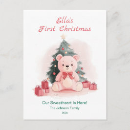 Roze teddybeer eerste kerst ansichtkaart feestdagenkaart