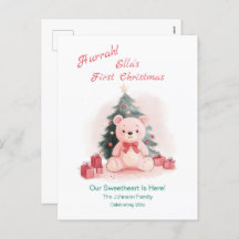 Roze teddybeer eerste kerst Briefkaart