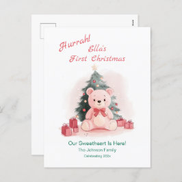 Roze teddybeer eerste kerst Briefkaart