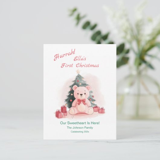 Roze teddybeer eerste kerst Briefkaart (Staand voorkant)