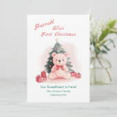 Roze teddybeer eerste kerst flat vakantie Kaart (Staand voorkant)