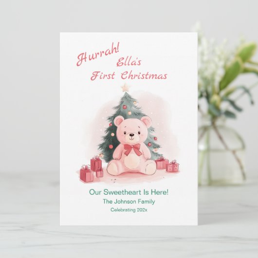 Roze teddybeer eerste kerst flat vakantie Kaart (Staand voorkant)