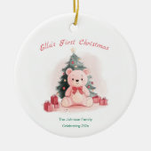 Roze teddybeer eerste kerst keramisch ornament (Voorkant)