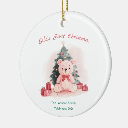 Roze teddybeer eerste kerst keramisch ornament (Links)