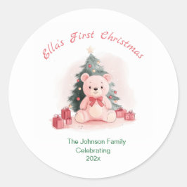 Roze teddybeer eerste kerst ronde sticker