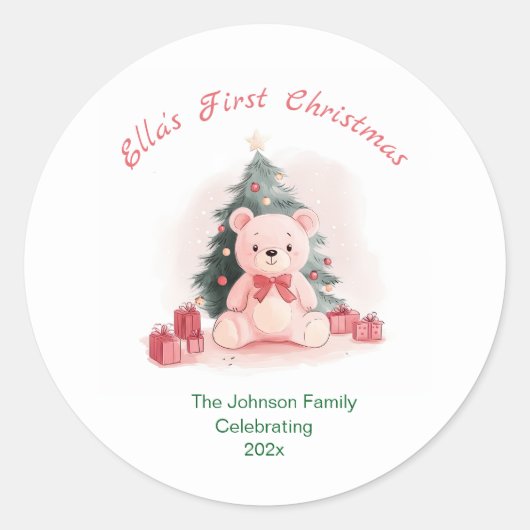 Roze teddybeer eerste kerst ronde sticker (Voorkant)