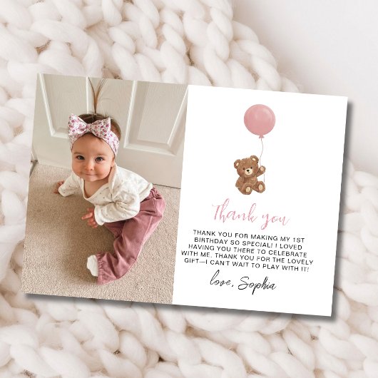 Roze Teddybeer Eerste Verjaardag Foto Bedankt
