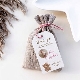 Roze teddybeer eerste verjaardag foto favoriet cadeaulabel